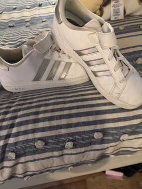 adidas Kids White Sneakers with Silver Stripes - Velcro & Laces